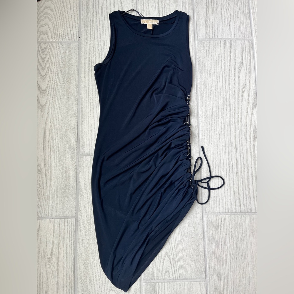 Michael Kors Asymmetrical Navy Ruched Dress